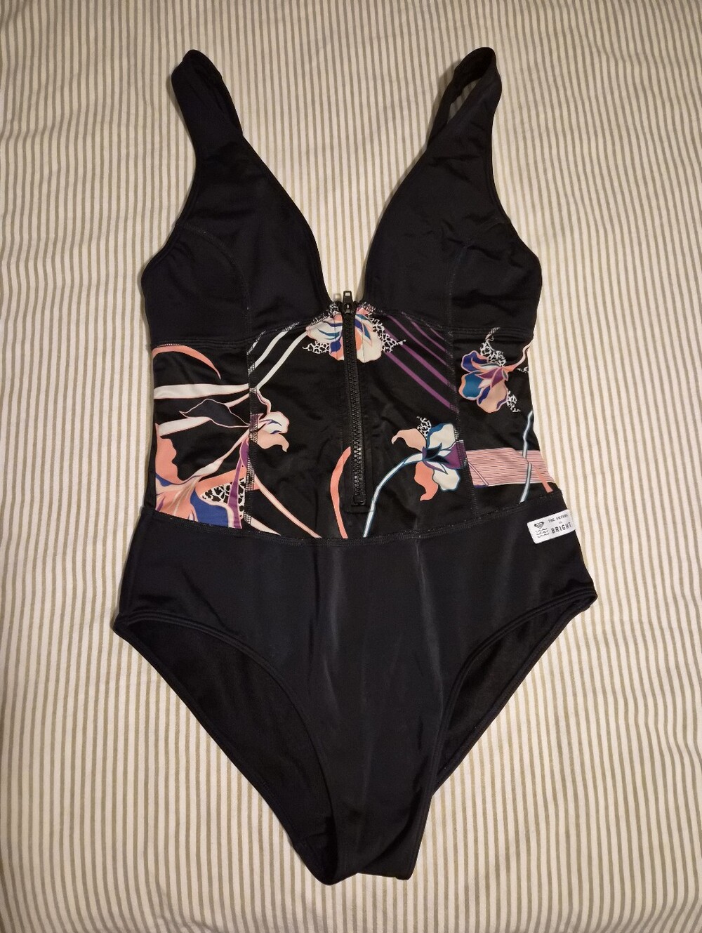 Black Floral Zipper One-Piece Swimsuit